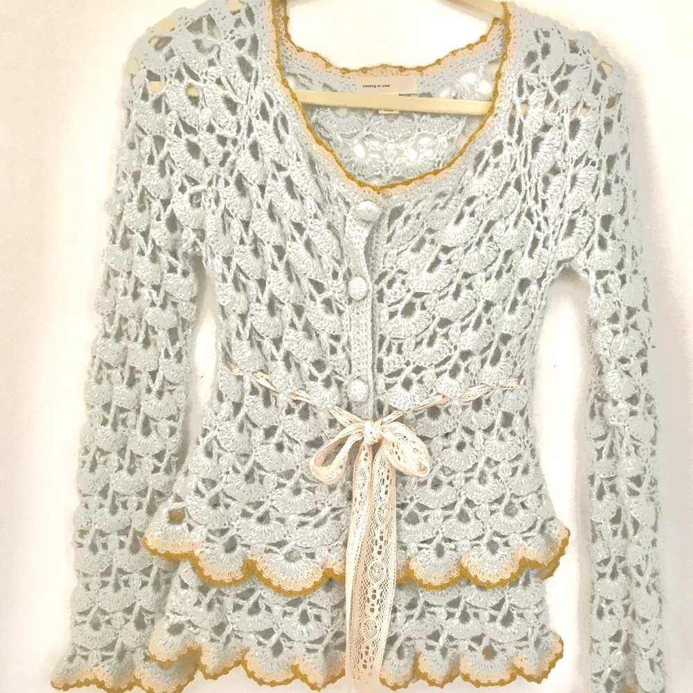 Anthropologie Sleeping on Snow Crochet Cardigan with Tie Waist